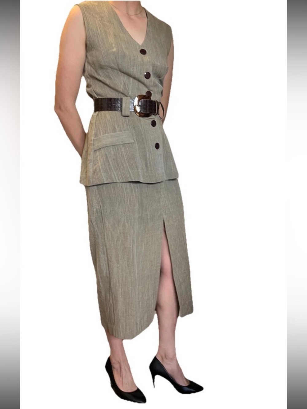 Moda Intl Beige Linen Sleeveless Blazer Skirt Suit Dress Set Belted Size 6